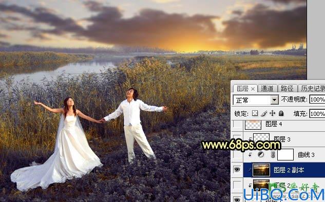 Photoshop婚片调色教程：给芦苇边自拍的情侣婚纱照调出唯美的晨曦色调