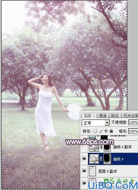 Photoshop美女图片调色教程：给树林中自拍的唯美女生照片调出淡调紫红色