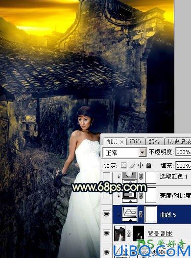 Photoshop婚片调色：给残旧古建筑中的美腿高跟婚片美女调出唯美的霞光色