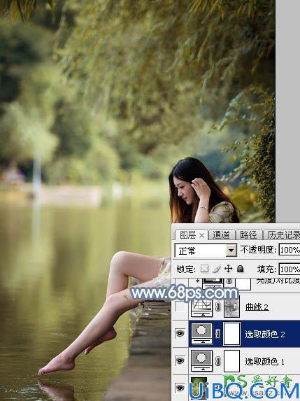 Photoshop给外景自拍的长腿美足少女生活照调出柔和的古典青蓝色