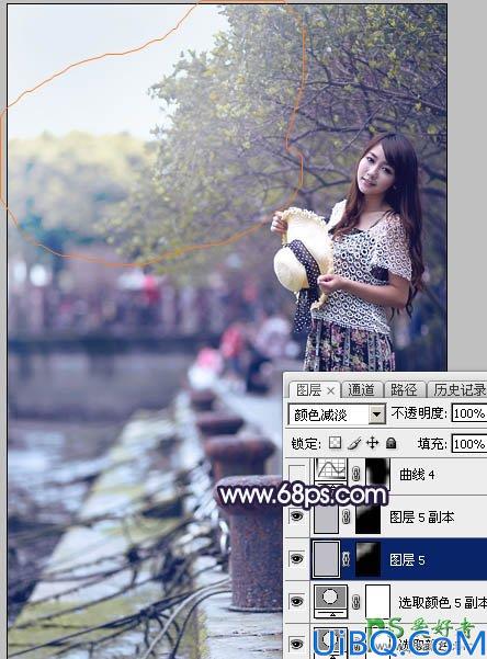 Photoshop给公园水池边自拍的性感连衣裙美少女图片调出唯美的秋季淡蓝色