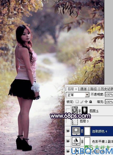 Photoshop调色教程：给树林中自拍的可爱女孩生活照调出秋季蓝紫色