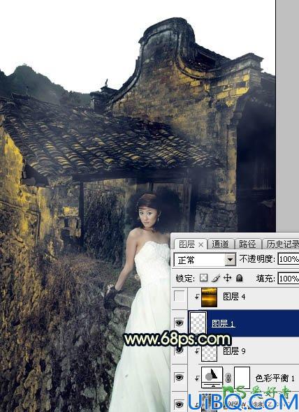 Photoshop婚片调色：给残旧古建筑中的美腿高跟婚片美女调出唯美的霞光色