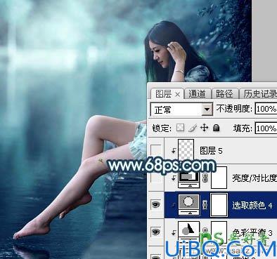 Photoshop调色教程：给河边上自拍的清纯玉腿少女艺术照调出唯美的青蓝色