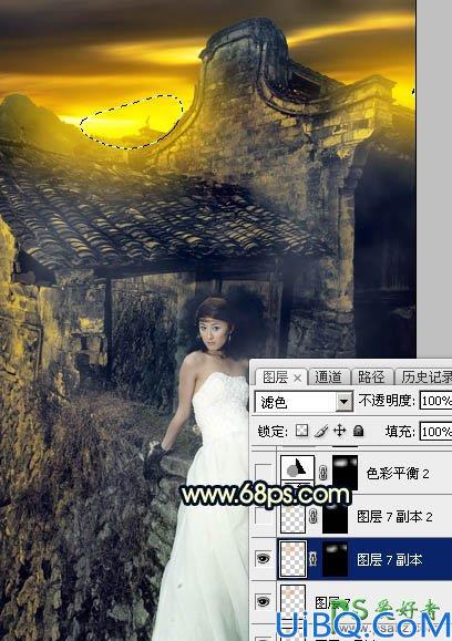 Photoshop婚片调色：给残旧古建筑中的美腿高跟婚片美女调出唯美的霞光色