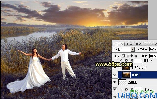 Photoshop婚片调色教程：给芦苇边自拍的情侣婚纱照调出唯美的晨曦色调