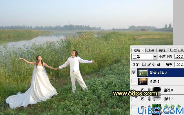 Photoshop婚片调色教程：给芦苇边自拍的情侣婚纱照调出唯美的晨曦色调