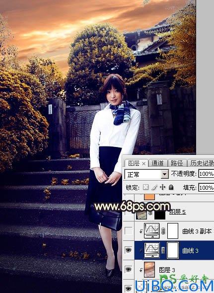 Photoshop给性感空姐制服美女外景写真图片调出唯美的夕阳霞光色