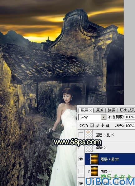 Photoshop婚片调色：给残旧古建筑中的美腿高跟婚片美女调出唯美的霞光色