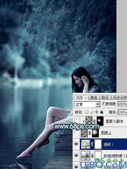 Photoshop调色教程：给河边上自拍的清纯玉腿少女艺术照调出唯美的青蓝色