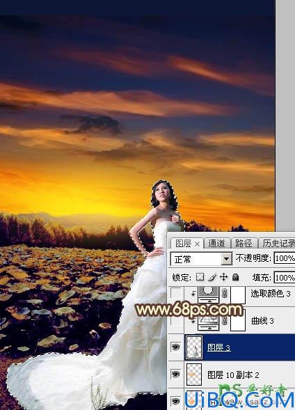 Photoshop婚纱照调色教程：给荷塘边外拍的美女大气婚纱照调出温暖的晨曦