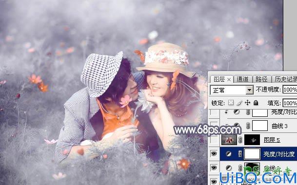 Photoshop婚片后期调色：给草丛中的唯美婚片写真图片调出梦幻的中性蓝灰