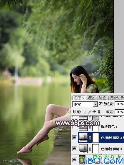 Photoshop美女图片调色：给湖边自拍的玉腿美足清纯少女写真照调出梦幻色