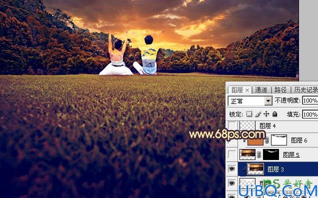 Photoshop图片调色：利用素材给草地上的唯美情侣图片调出灿烂的秋季晨曦