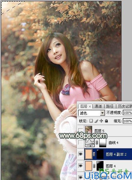 PhotoShop给绿色树林中自拍的女生照片调出唯美的秋季红褐色