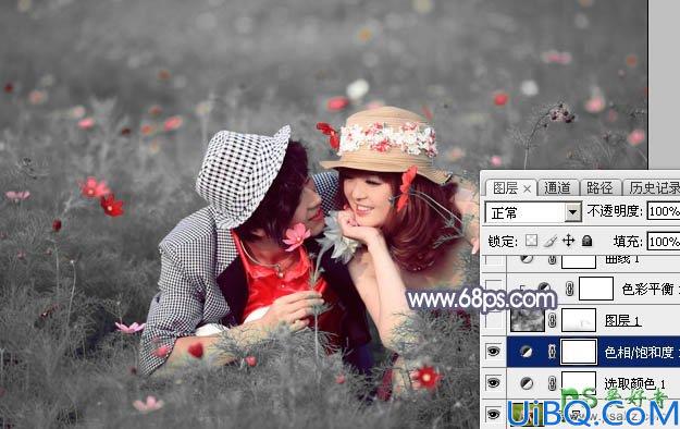 Photoshop婚片后期调色：给草丛中的唯美婚片写真图片调出梦幻的中性蓝灰