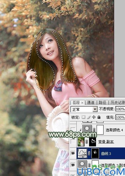 PhotoShop给绿色树林中自拍的女生照片调出唯美的秋季红褐色