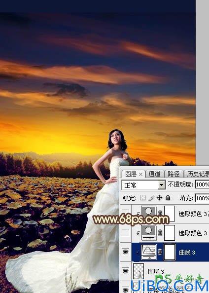 Photoshop婚纱照调色教程：给荷塘边外拍的美女大气婚纱照调出温暖的晨曦