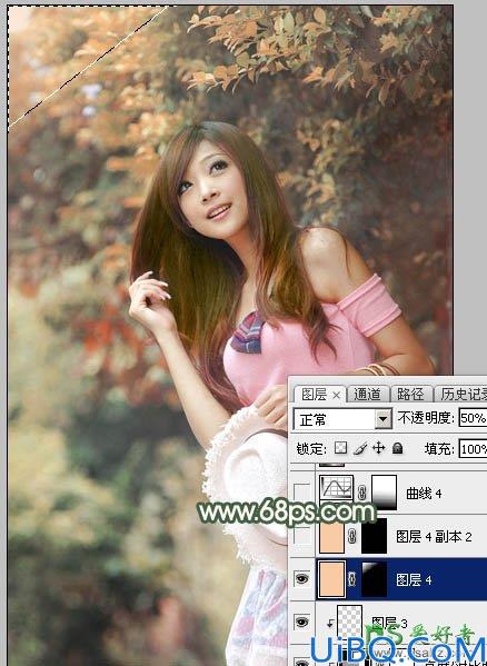 PhotoShop给绿色树林中自拍的女生照片调出唯美的秋季红褐色