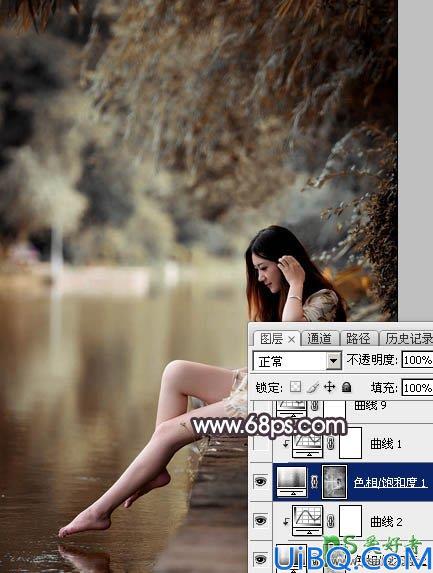 Photoshop美女图片调色：给湖边自拍的玉腿美足清纯少女写真照调出梦幻色