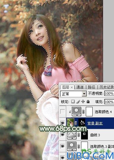 PhotoShop给绿色树林中自拍的女生照片调出唯美的秋季红褐色