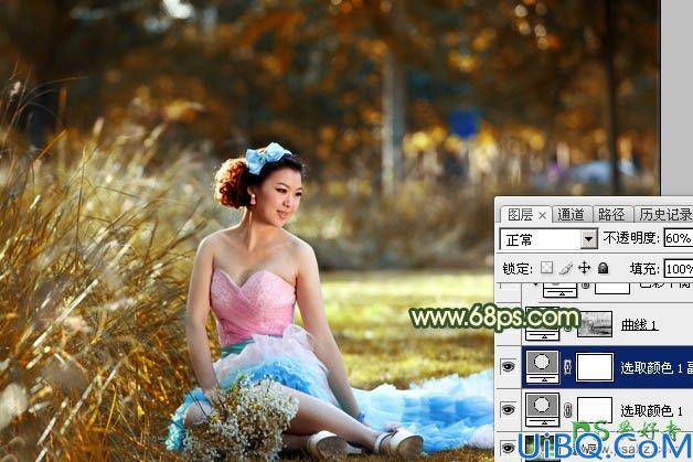 Photoshop给绿草地上的唯美女生婚纱照调出漂亮的高对比度秋景色