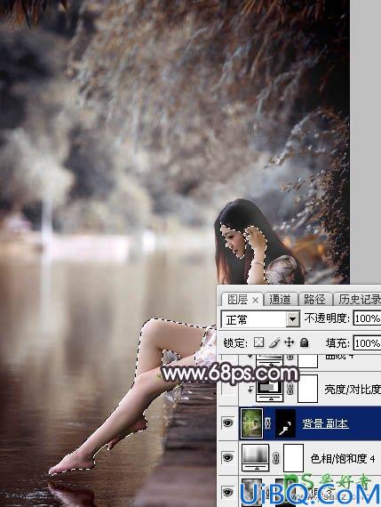 Photoshop美女图片调色：给湖边自拍的玉腿美足清纯少女写真照调出梦幻色