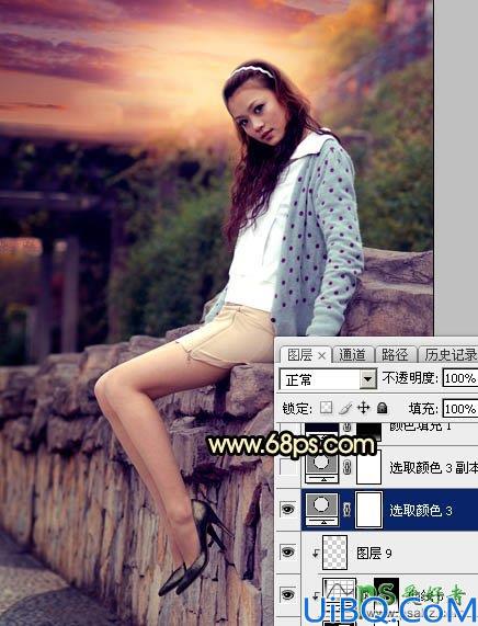 Photoshop美女图片调色：给阴天外景美腿高跟美女艺术照调出唯美的霞光色