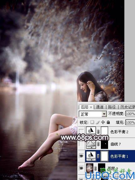 Photoshop美女图片调色：给湖边自拍的玉腿美足清纯少女写真照调出梦幻色