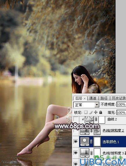 Photoshop美女图片调色：给湖边自拍的玉腿美足清纯少女写真照调出梦幻色