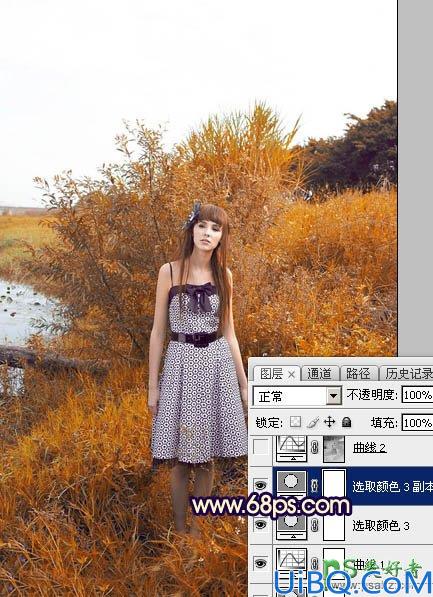 Photoshop给荒野中自拍的性感欧美美女唯美照片调出温暖的霞光色