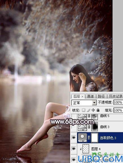 Photoshop美女图片调色：给湖边自拍的玉腿美足清纯少女写真照调出梦幻色