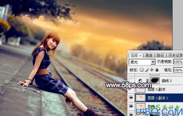 Photoshop女生照片后期调色：给铁道上自拍的清新女生图片调出唯美的霞光