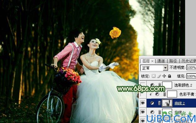 Photoshop婚片后期调色：给外景自拍的森系婚片男女照片调出漂亮的橙绿色