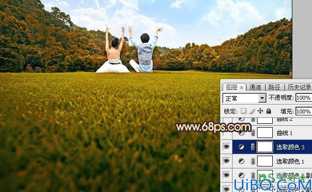 Photoshop图片调色：利用素材给草地上的唯美情侣图片调出灿烂的秋季晨曦