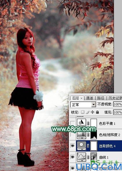 Photoshop给树林中自拍的美腿女孩生活照调出暗调秋季青红色