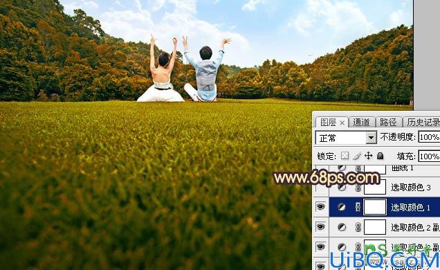 Photoshop图片调色：利用素材给草地上的唯美情侣图片调出灿烂的秋季晨曦