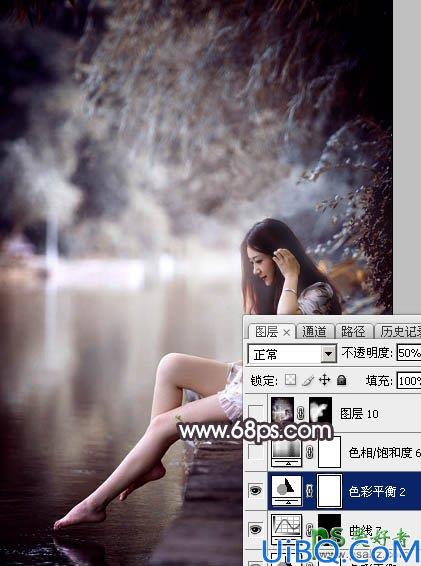 Photoshop美女图片调色：给湖边自拍的玉腿美足清纯少女写真照调出梦幻色