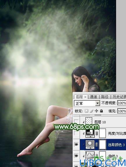 Photoshop美女后期调色：给漂亮的美腿女生生活照调出唯美的古典暗绿色效