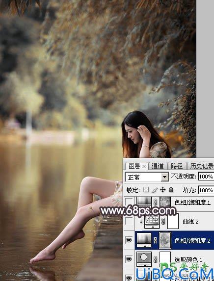 Photoshop美女图片调色：给湖边自拍的玉腿美足清纯少女写真照调出梦幻色