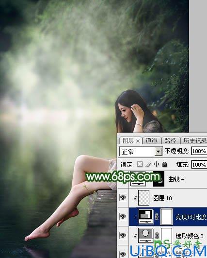 Photoshop美女后期调色：给漂亮的美腿女生生活照调出唯美的古典暗绿色效