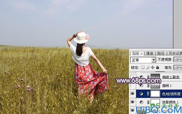 Photoshop调色教程：给清爽的花裙子韩系美少妇外景写真图片调出淡冷色秋