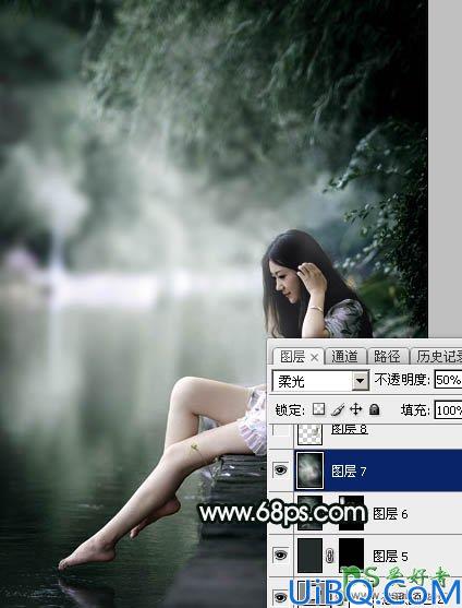 Photoshop美女图片后期调色教程：打造诗情画意般柔美少女古典暗绿色效果