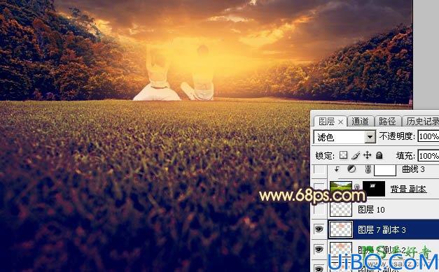 Photoshop图片调色：利用素材给草地上的唯美情侣图片调出灿烂的秋季晨曦