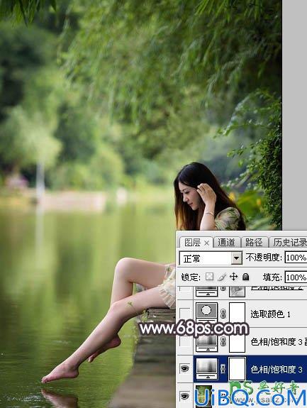 Photoshop美女图片调色：给湖边自拍的玉腿美足清纯少女写真照调出梦幻色