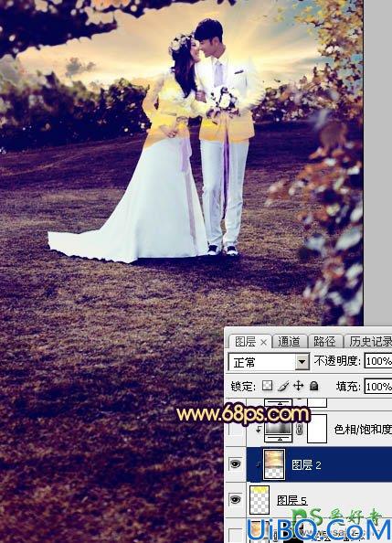 Photoshop唯美婚片调色教程：给泛白的情侣婚纱照调出唯美的霞光色彩