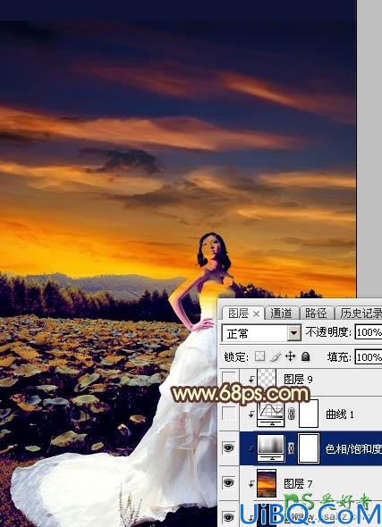 Photoshop婚纱照调色教程：给荷塘边外拍的美女大气婚纱照调出温暖的晨曦