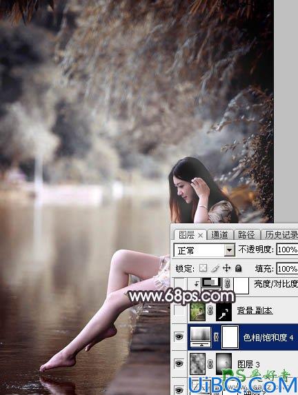 Photoshop美女图片调色：给湖边自拍的玉腿美足清纯少女写真照调出梦幻色