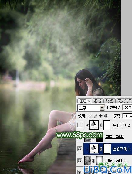 Photoshop美女后期调色：给漂亮的美腿女生生活照调出唯美的古典暗绿色效