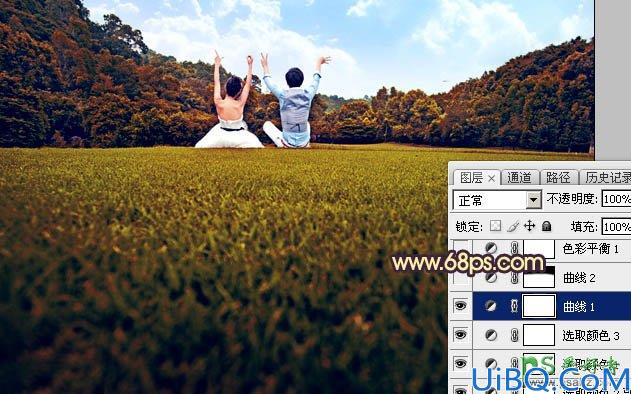 Photoshop图片调色：利用素材给草地上的唯美情侣图片调出灿烂的秋季晨曦